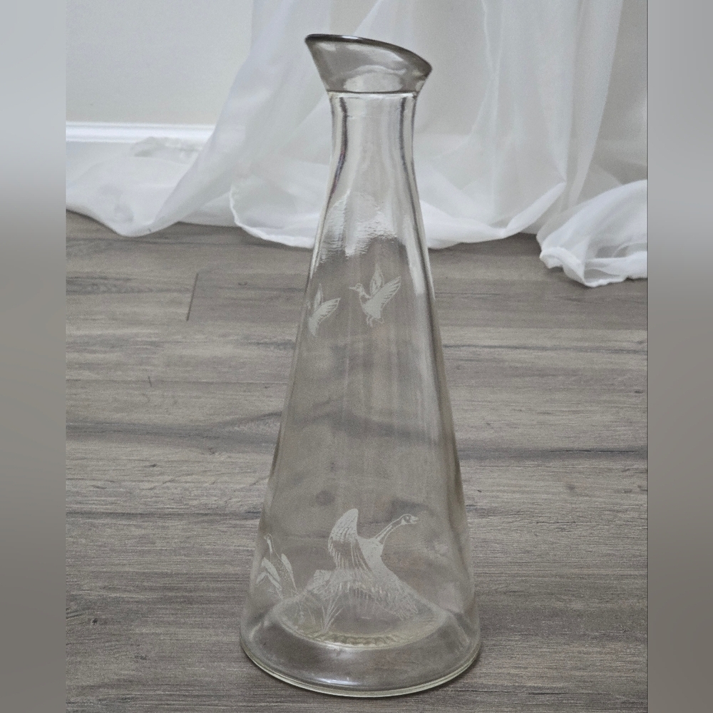 Vintage Flying Geese Duck Decanter Clear Glass Etched Cabincore Fishermancore